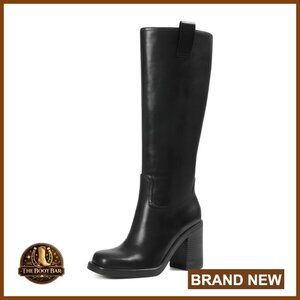 Platform Knee High Boots with Chunky Heel Square Toe Half Zip Tall Boots